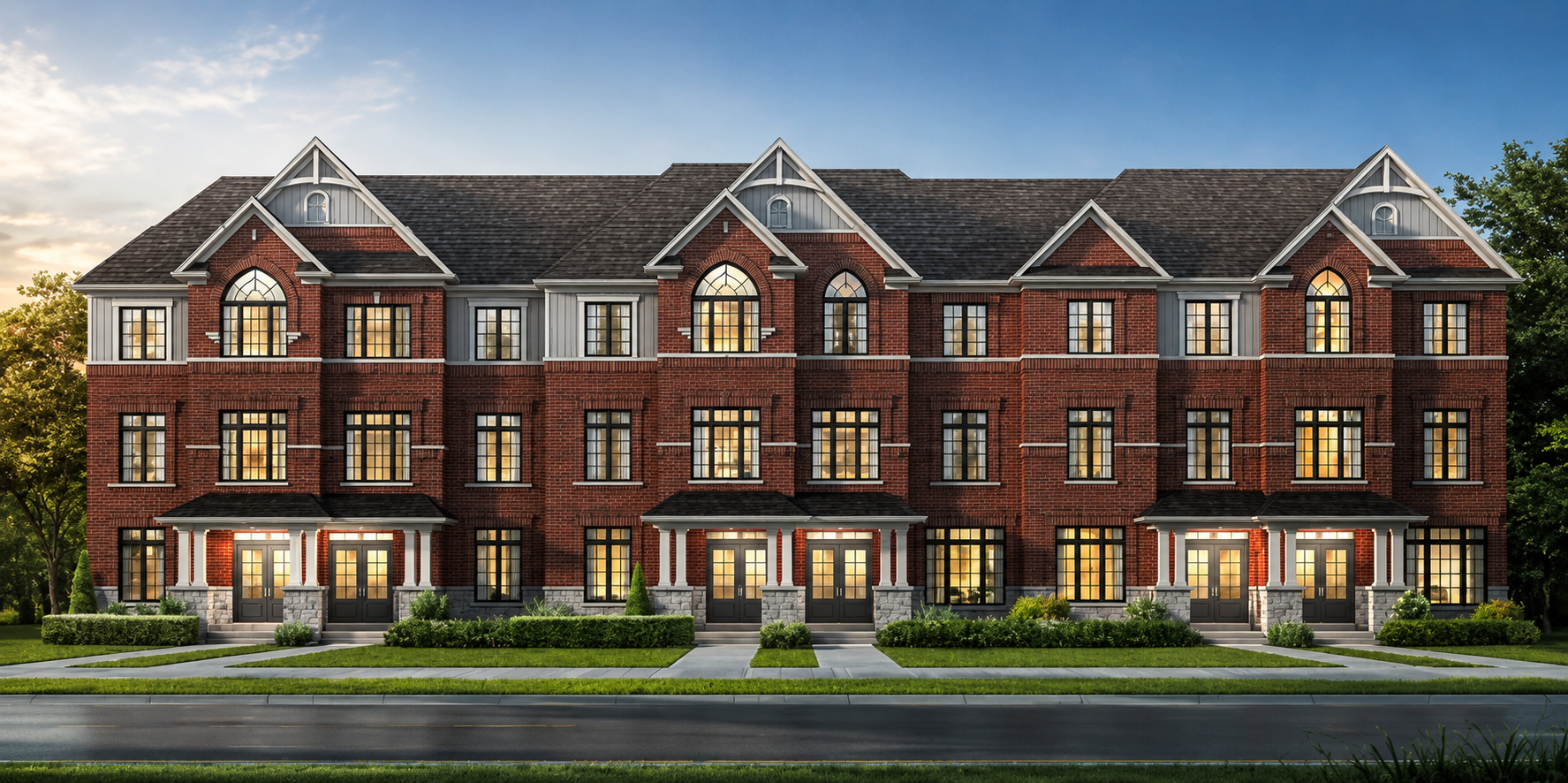 Windrose new-launch freehold townhomes at Caledon Trails — brick elevations with stone accents, starting from the $600s