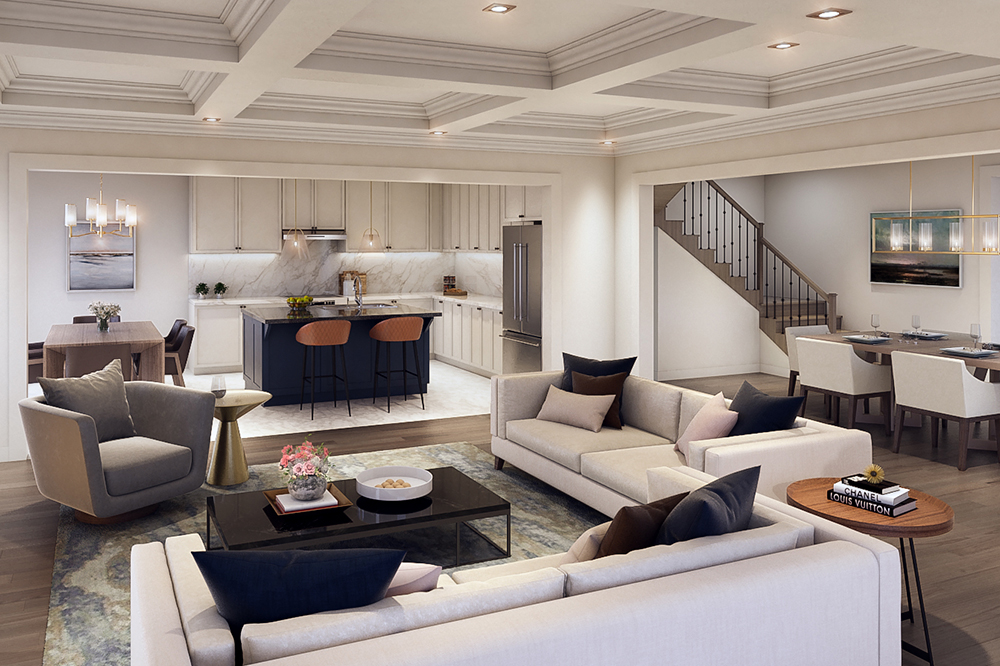 Windrose at Caledon Trails interior — open-concept great room with oversized windows, wide-plank flooring and natural light