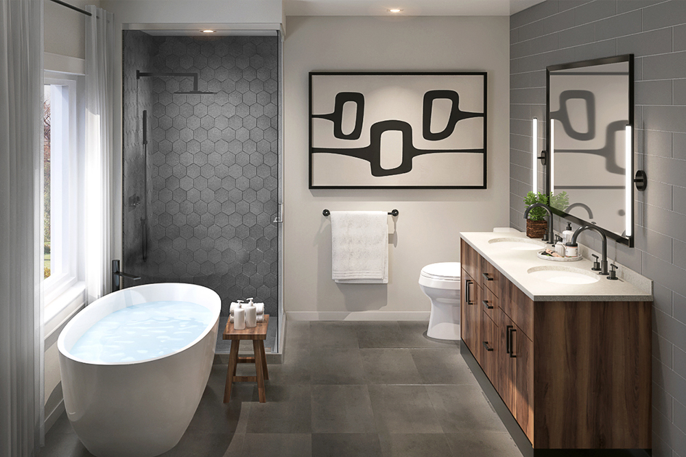 Windrose at Caledon Trails interior — primary bedroom retreat with large windows and warm neutral finishes
